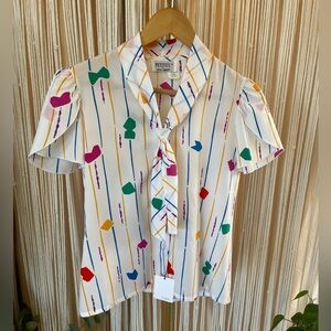 1980s vintage petite blouse colorful geometric stripe short sleeves & tie-neck